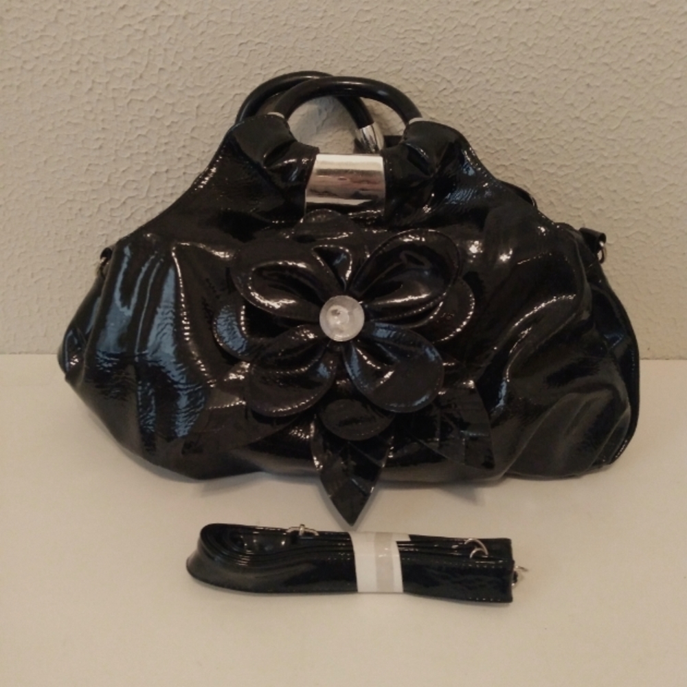 Black Faux Patent Leather Rhinestone Zip Crossbody Shoulder Bag